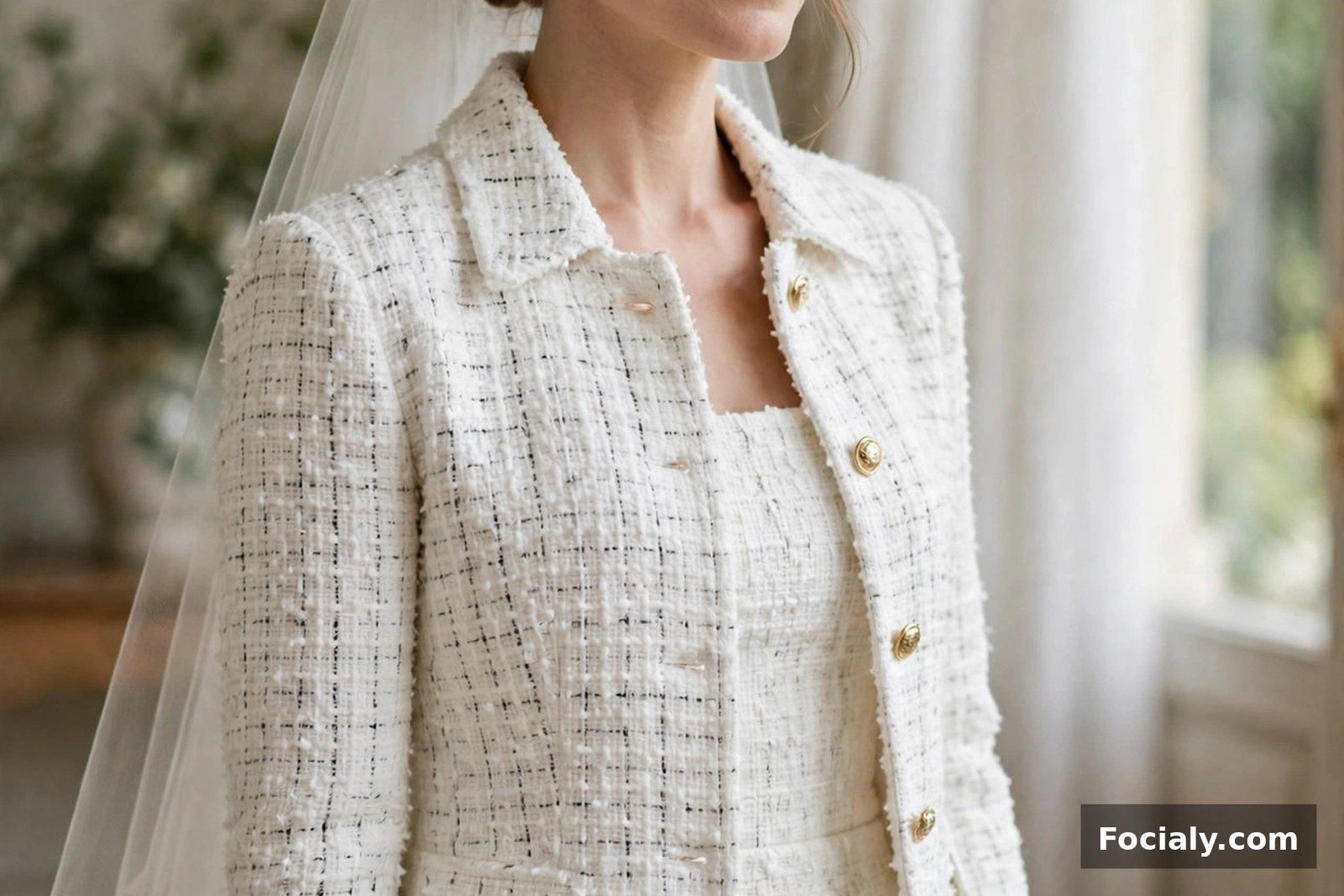 Bride in a white tweed jacket and matching sheath dress