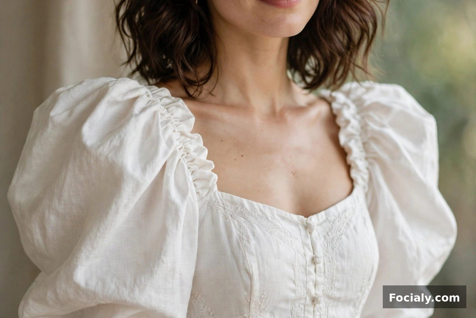 Woman in a white midi dress with dramatic puff sleeves