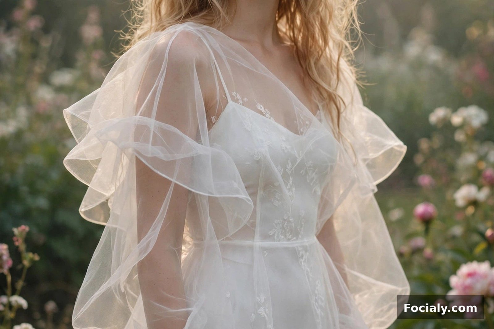 Woman in a white mini dress with a sheer organza overlay