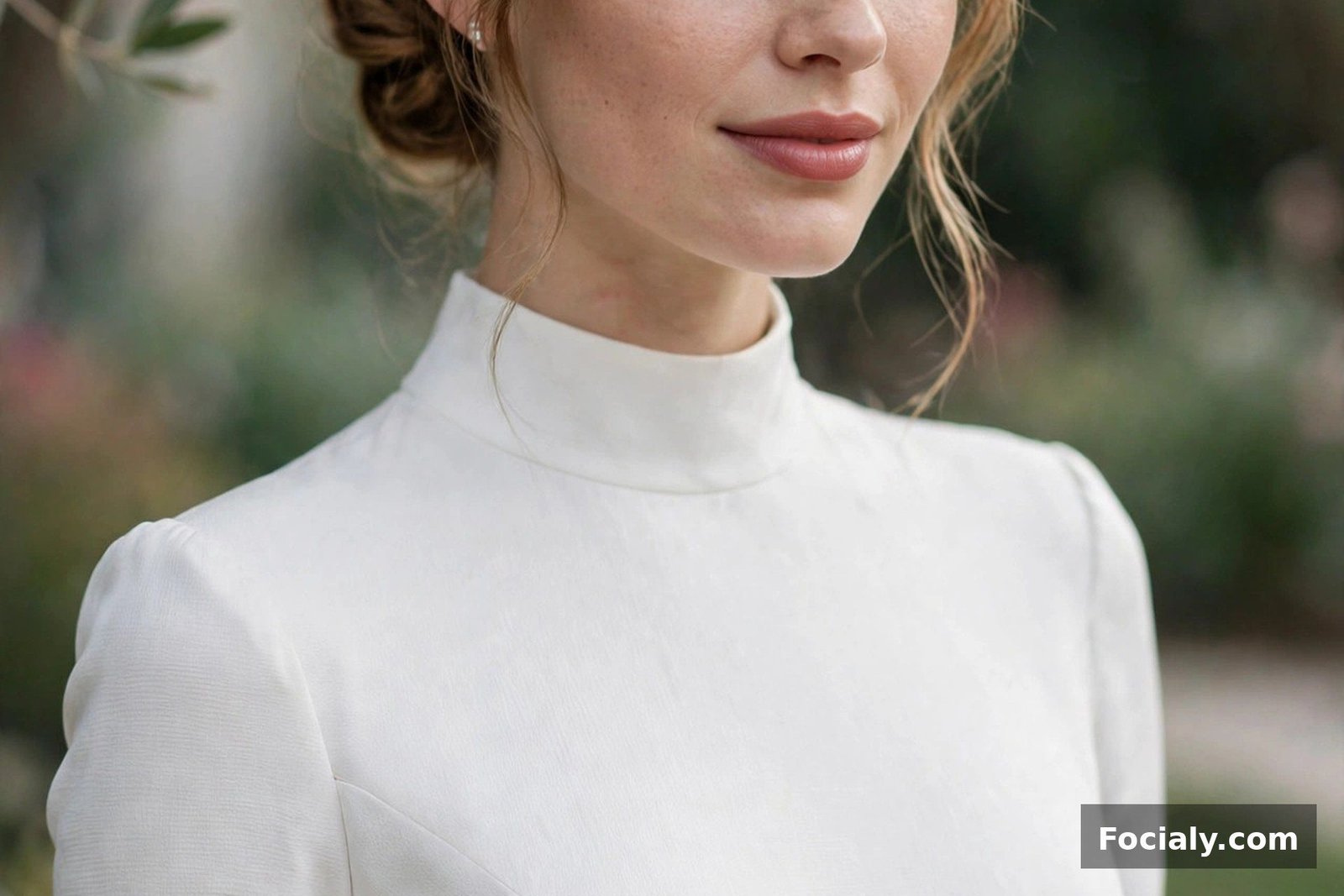 Bride in a white mock-neck column dress with long sleeves