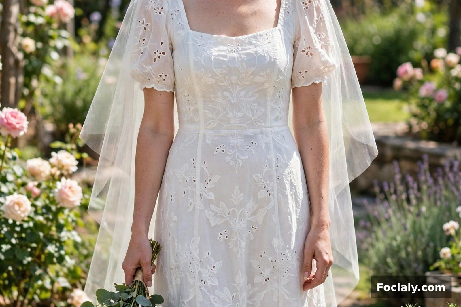 Bride in a white eyelet embroidered midi dress