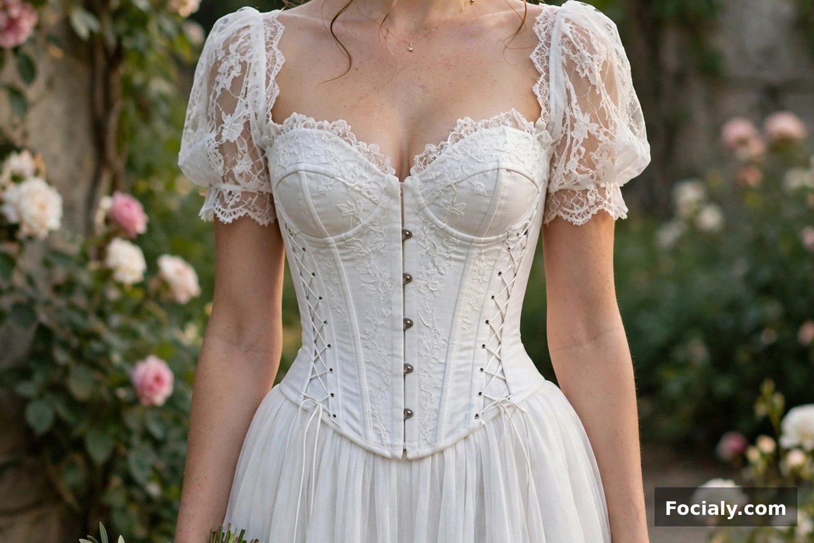 Bride in a white corset-top midi dress with boning detail