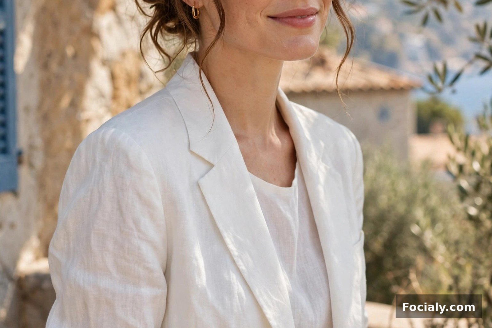 Bride in a relaxed white linen suit with rolled sleeves