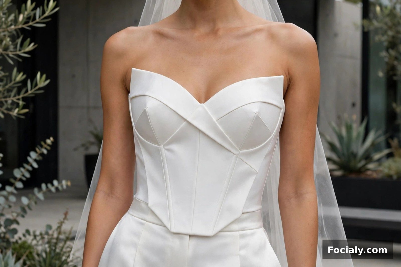 Bride in white satin trousers and a structured bustier top