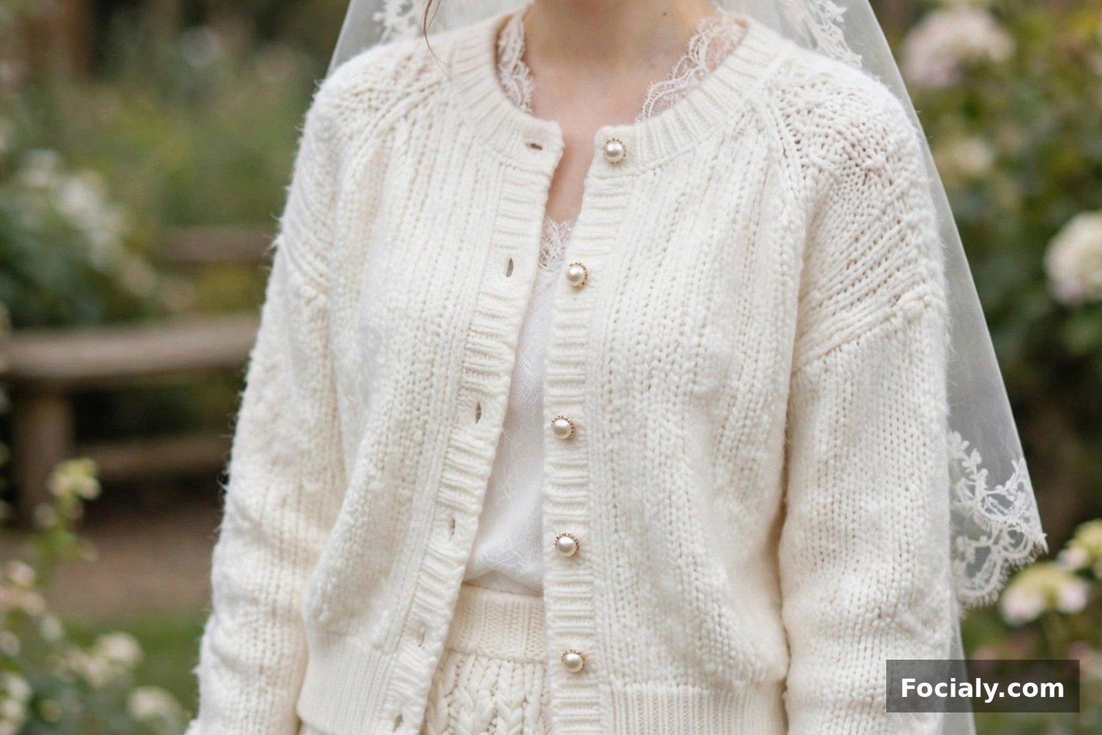 Bride in a white cardigan with pearl buttons and matching skirt