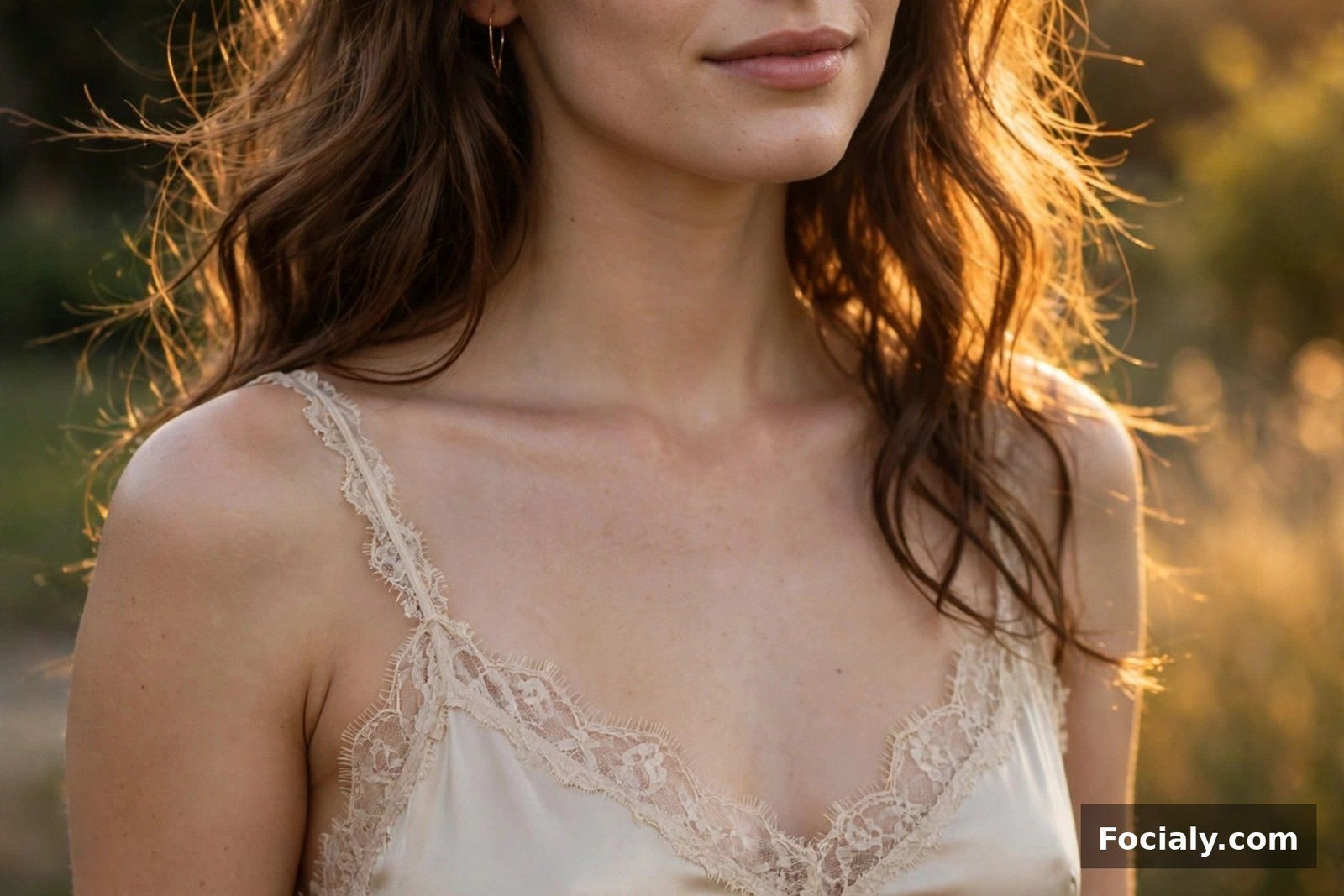 Woman in a champagne bias-cut slip dress with lace trim