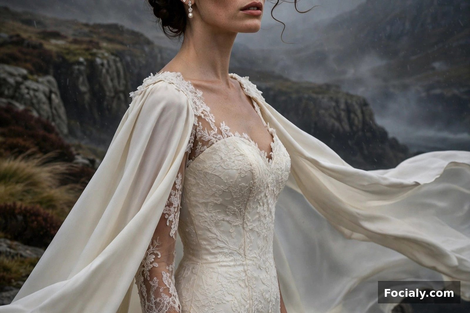 Bride in an ivory dress with an attached cape