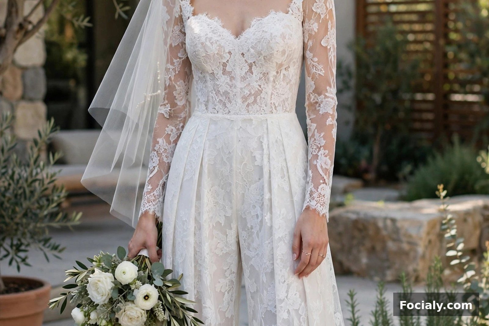 Bride in a white lace jumpsuit with wide legs