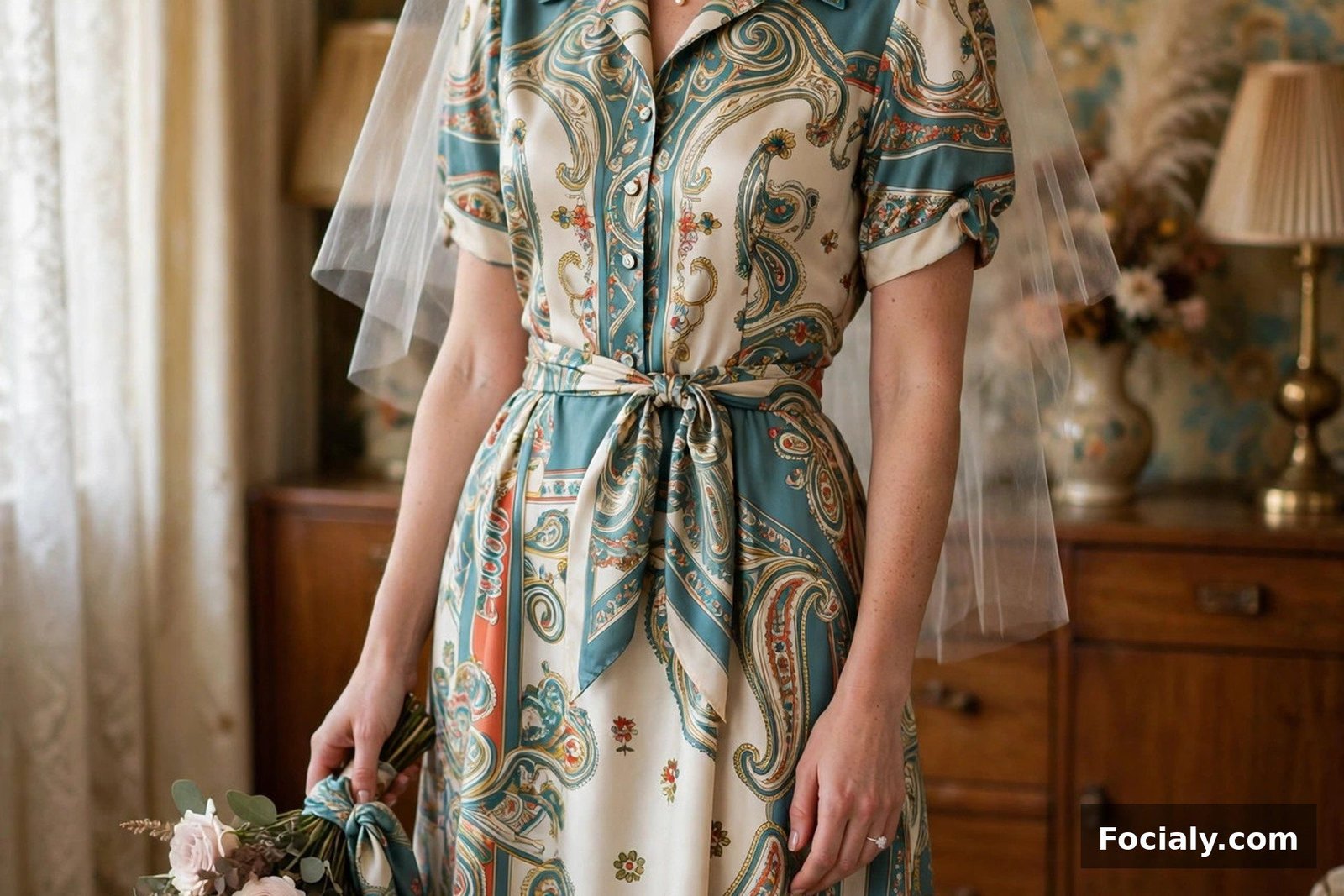 Bride in a vintage silk scarf-print midi dress