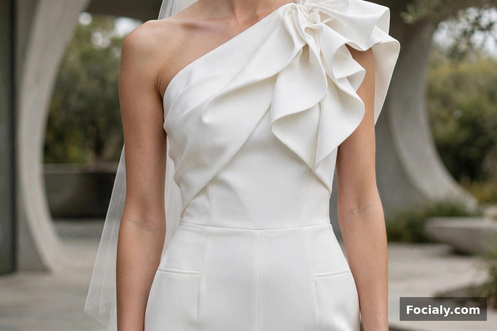 Bride in a white one-shoulder jumpsuit with tailored trousers