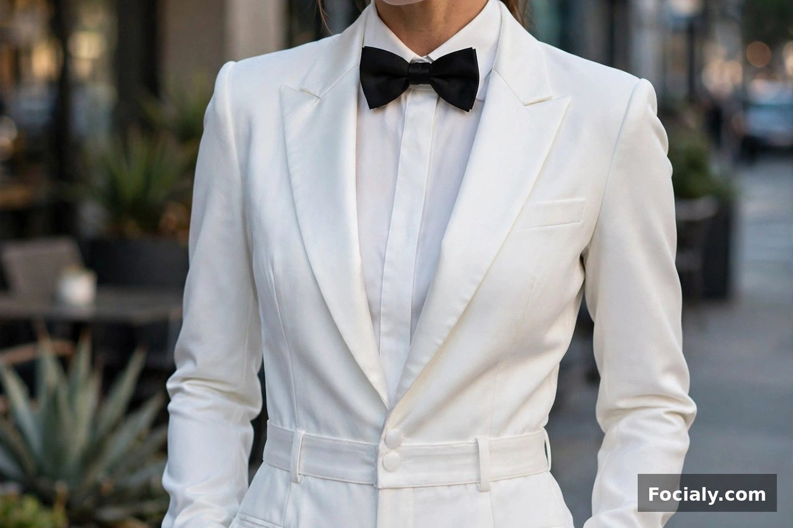 Woman in a white tuxedo jumpsuit with a black bow tie