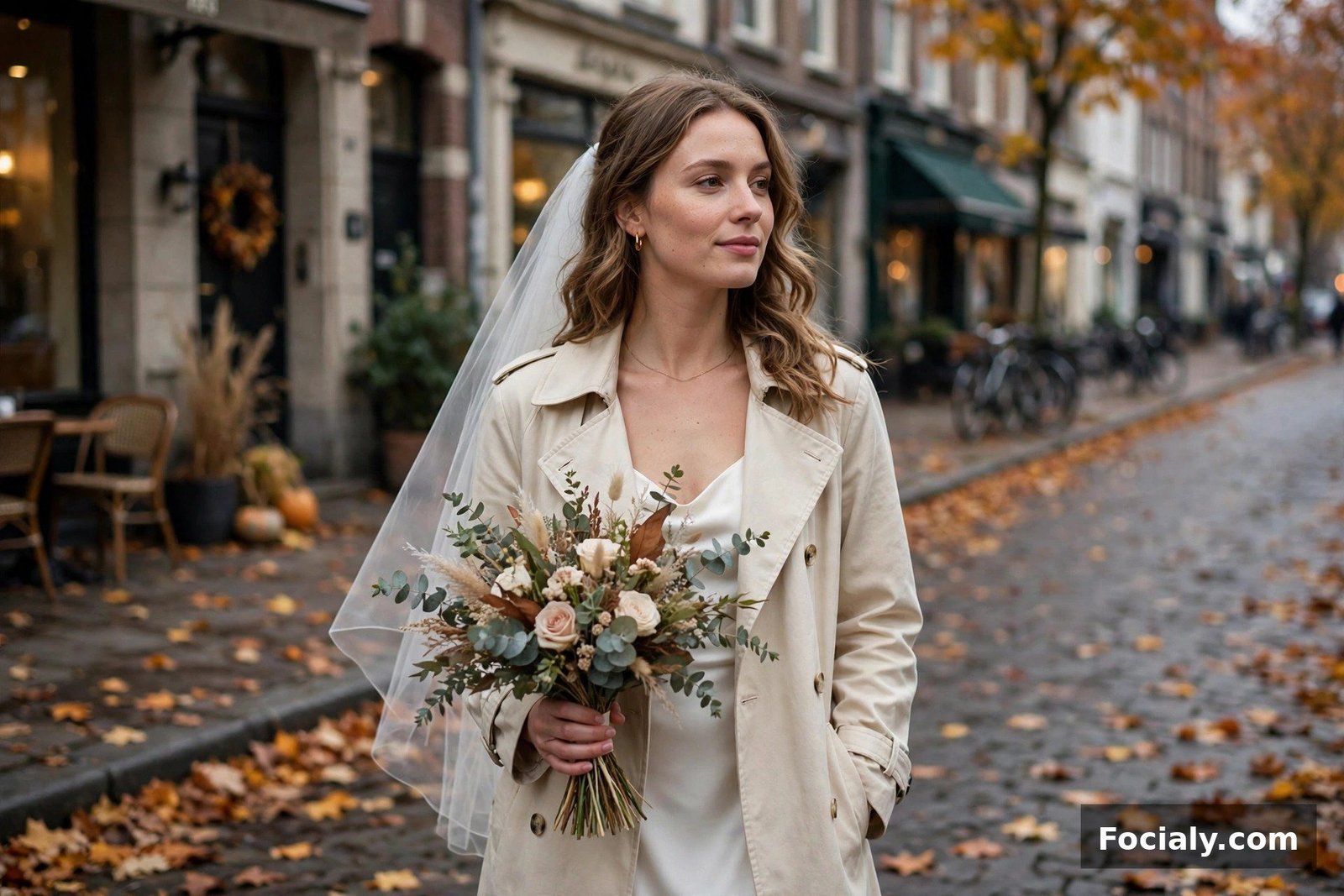 Bride in a cream trench coat worn open over a white slip dress