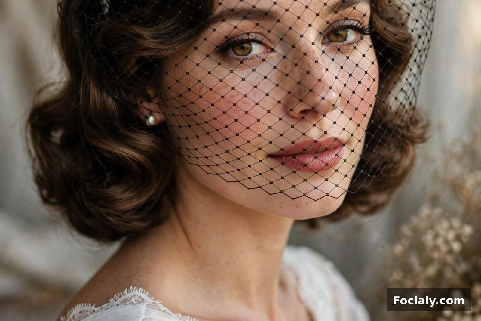 Woman in a white mini dress with a birdcage veil