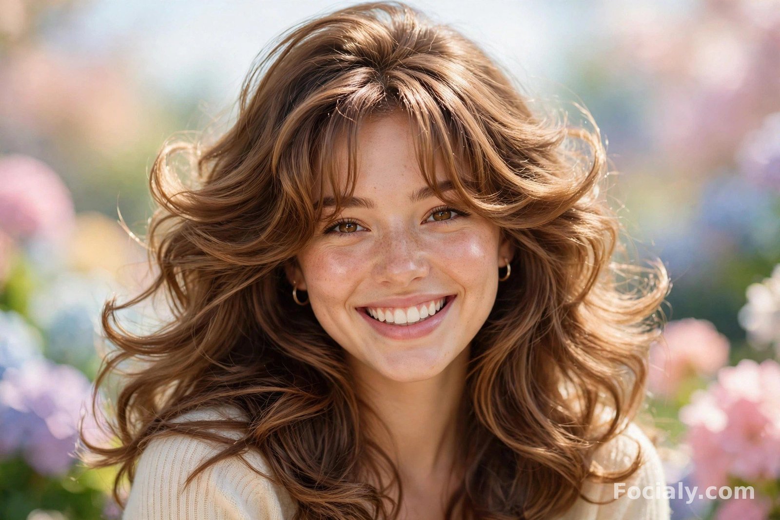 Woman with a voluminous blowout and face-framing curtain bangs