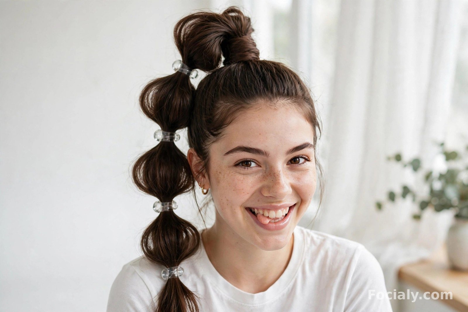 Girl with a high bubble ponytail tied with clear elastics