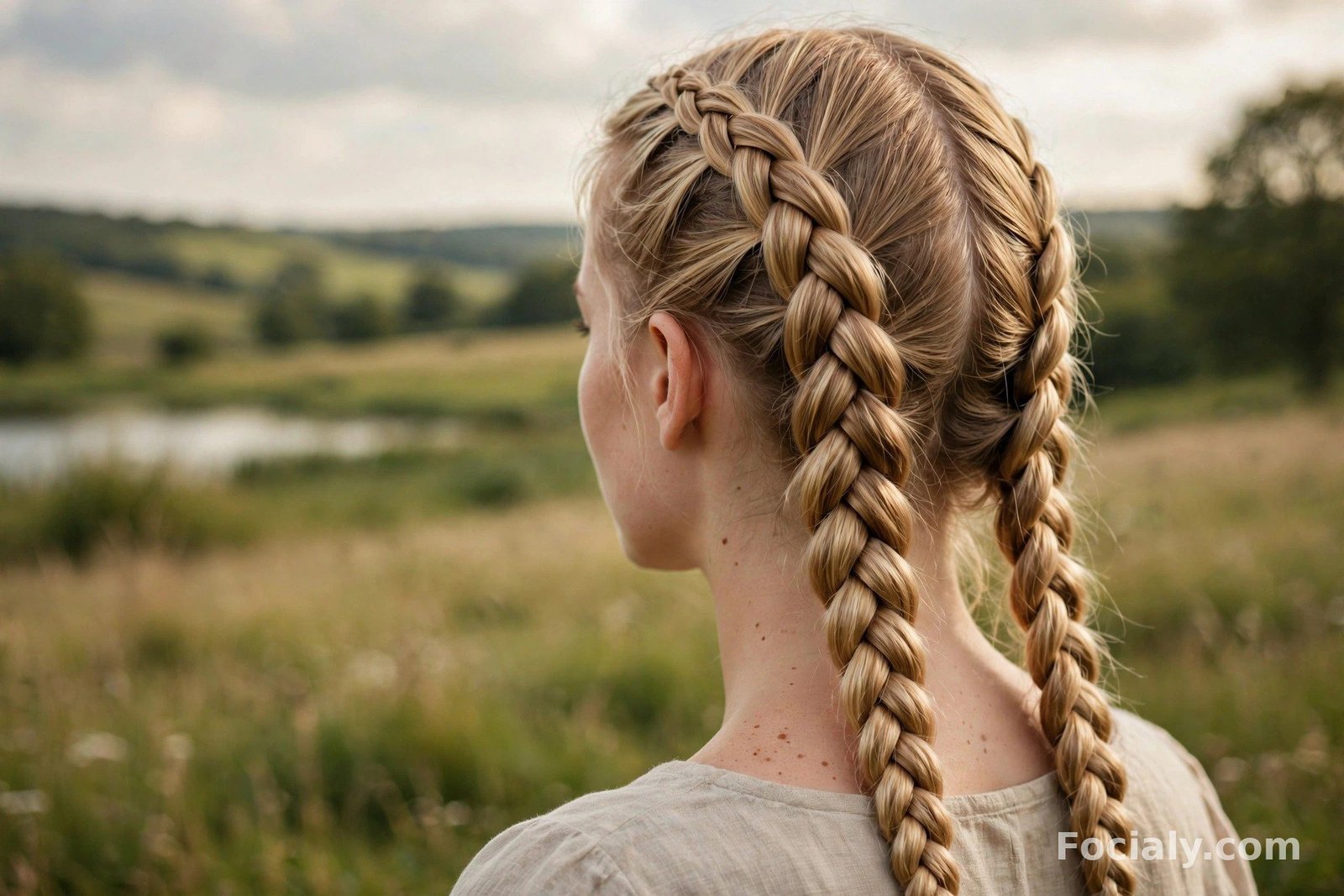 Double Dutch braids on golden blonde hair seen from the side