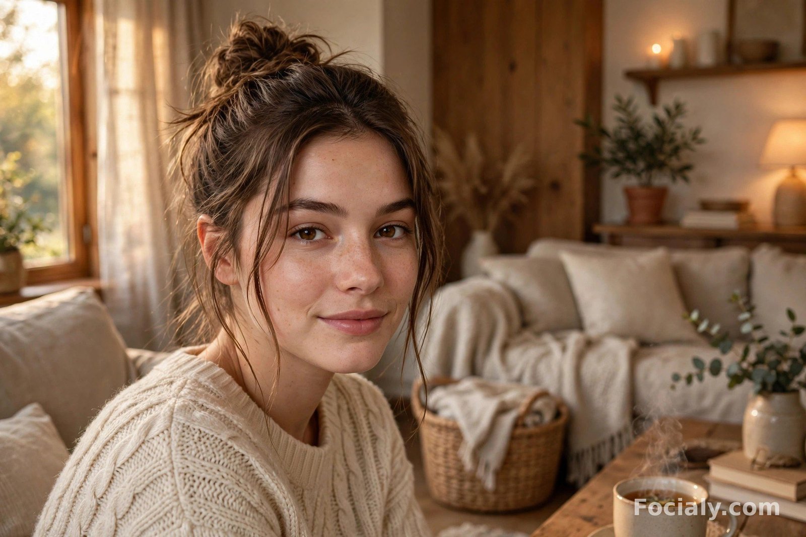 Woman with a relaxed messy top knot bun and loose face-framing strands