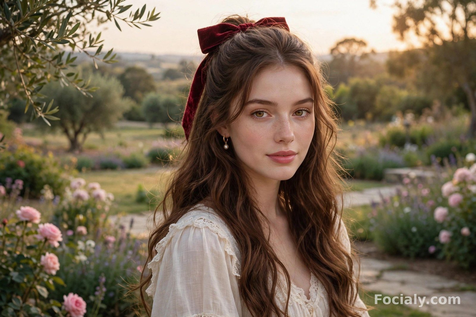 Half-up hairstyle tied with a burgundy velvet bow on wavy hair