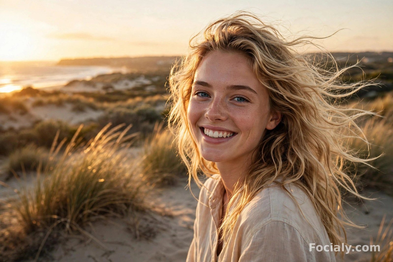 Woman with loose sun-kissed beach waves in golden hour light