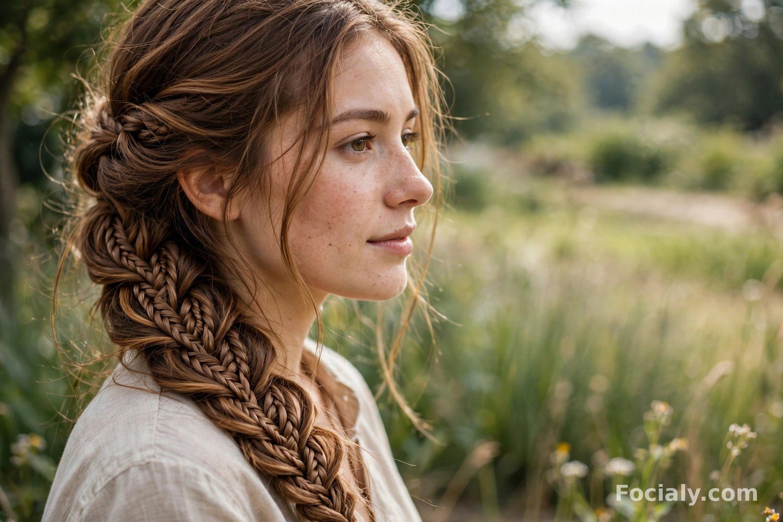 Intricate fishtail braid swept over one shoulder on caramel hair