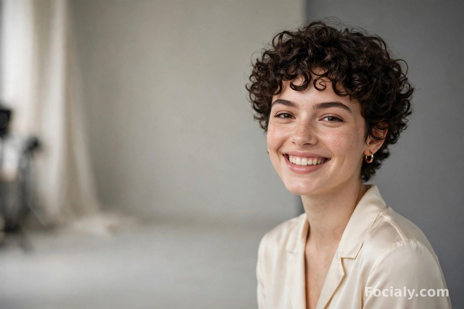 Woman with a chic curly pixie cut and defined bouncy curls