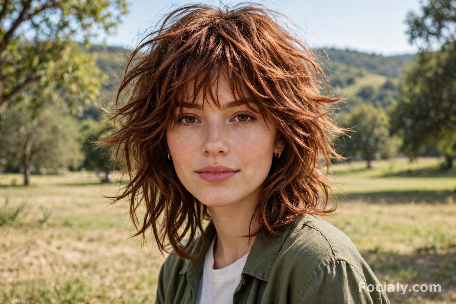 Woman with a feathered shag haircut full of airy tousled layers