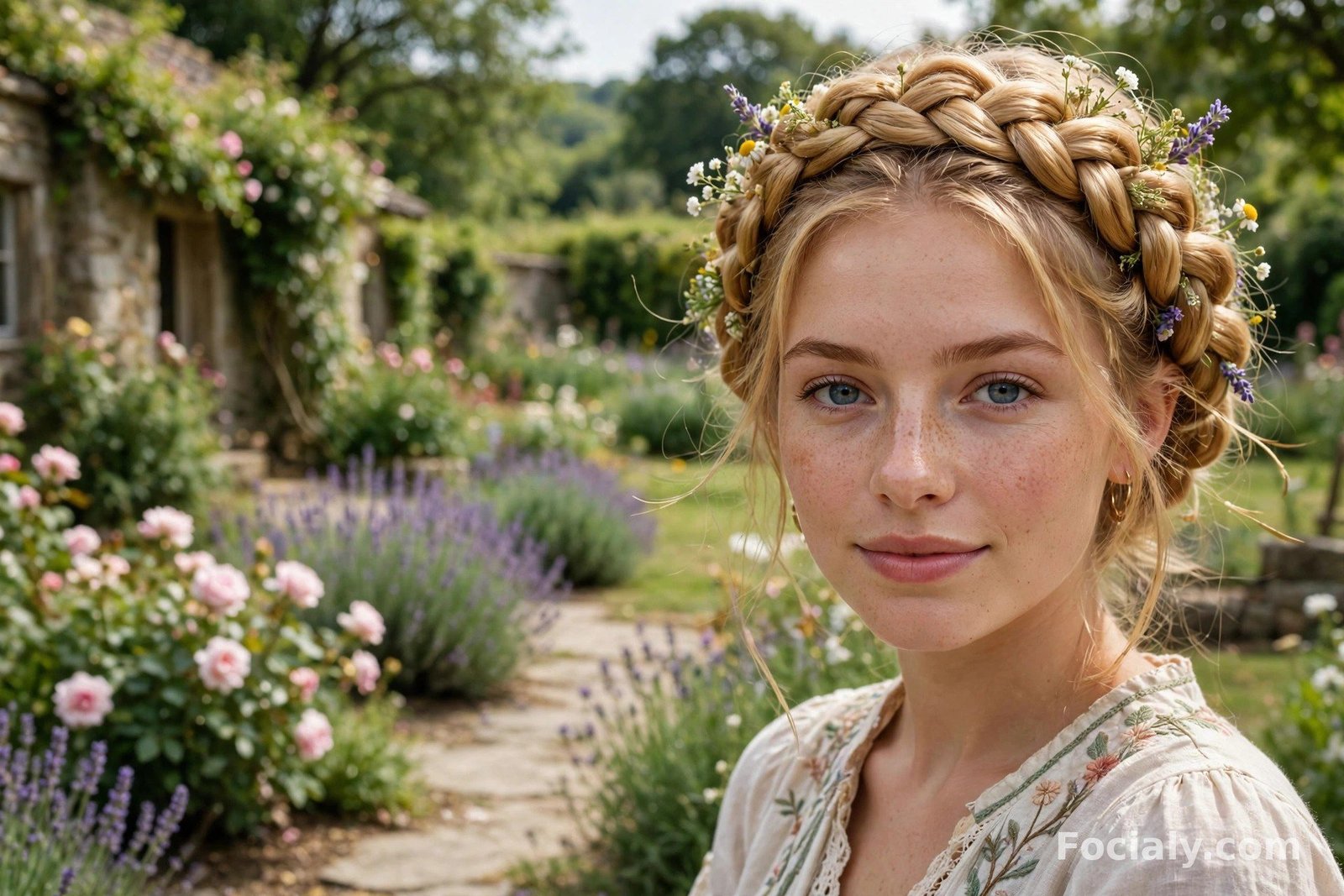 Milkmaid braided crown wrapped around the head on golden hair