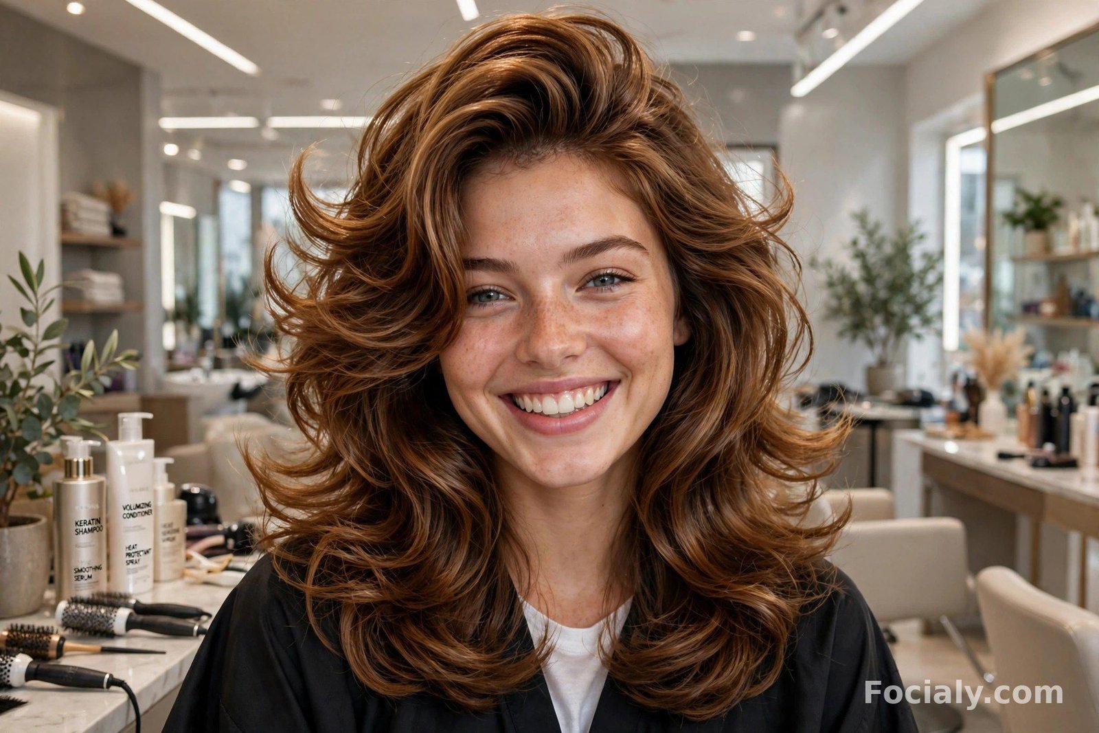 Woman with a bouncy layered blowout and flicked ends