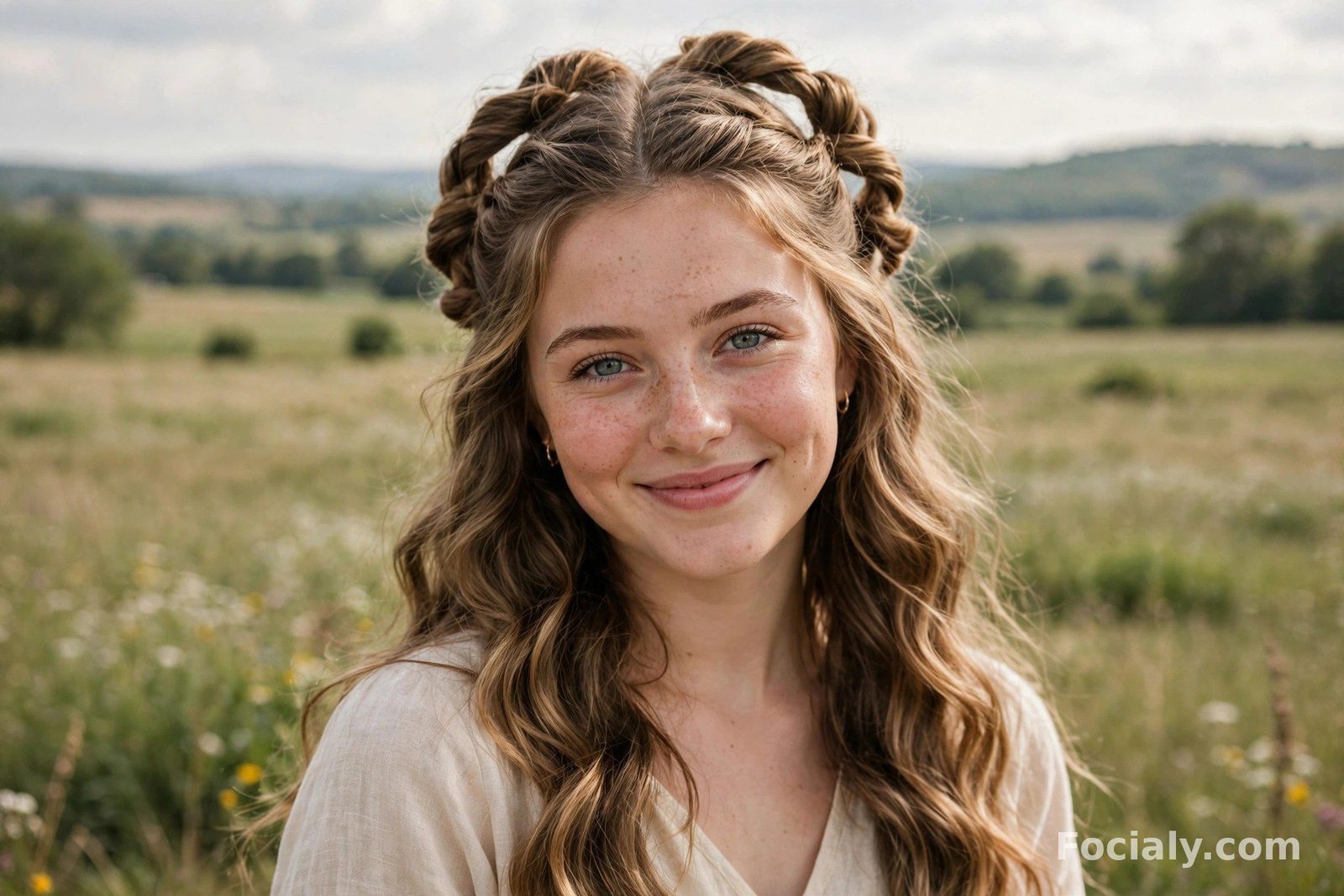 Twisted half-up crown hairstyle with soft pinned sections on wavy hair
