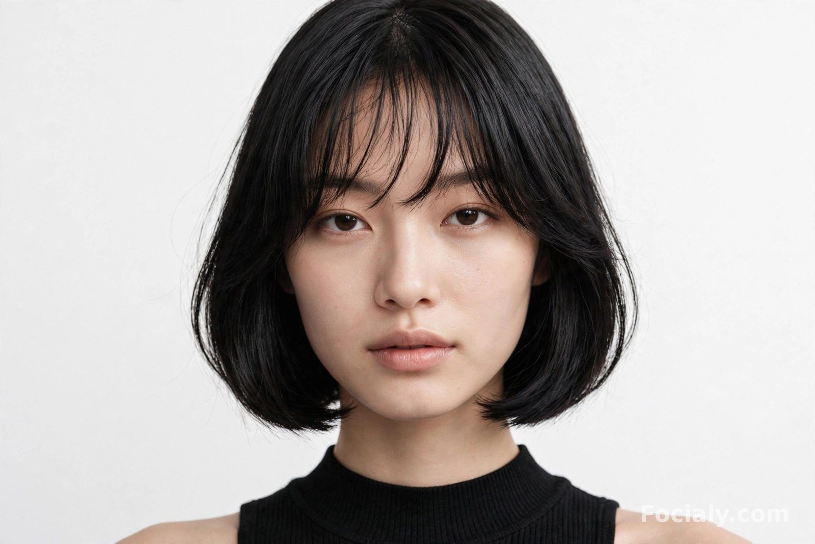 Woman with a chin-length bob and wispy feathered bangs