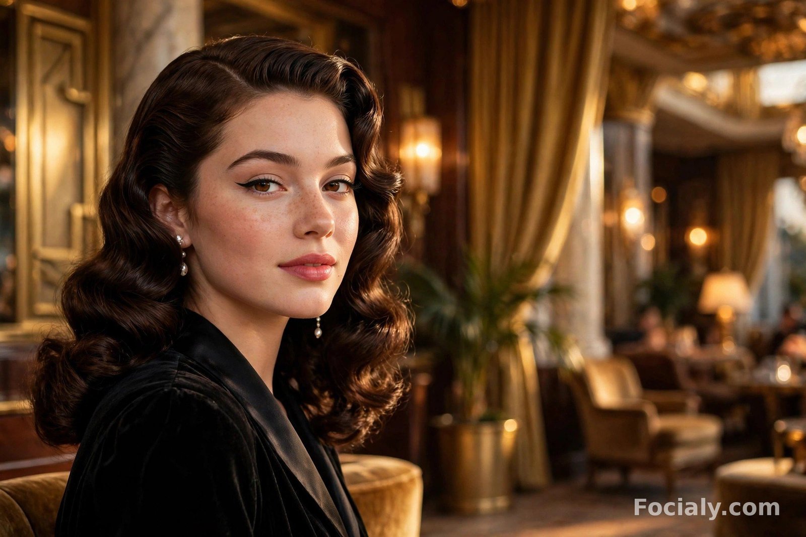 Glamorous old-Hollywood waves with a deep side part on dark hair