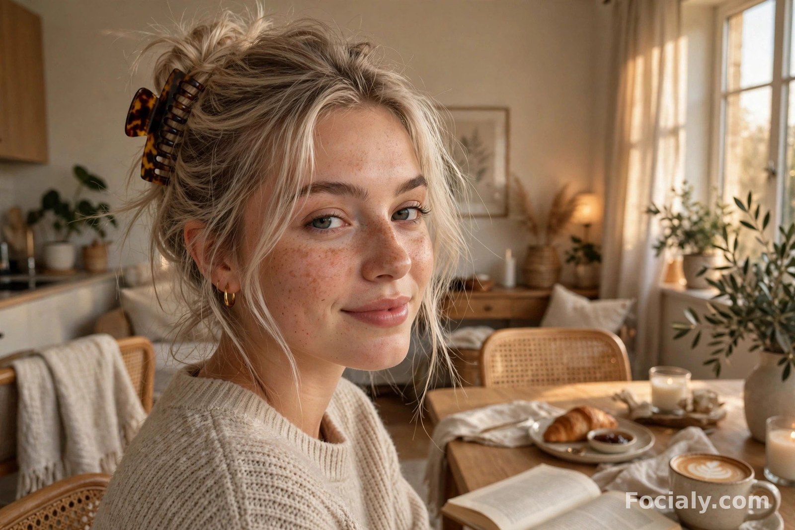 Effortless twisted updo held by a tortoiseshell claw clip