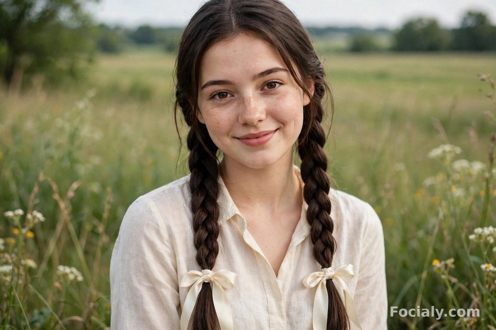 Two long pigtail braids tied with cream silk ribbons