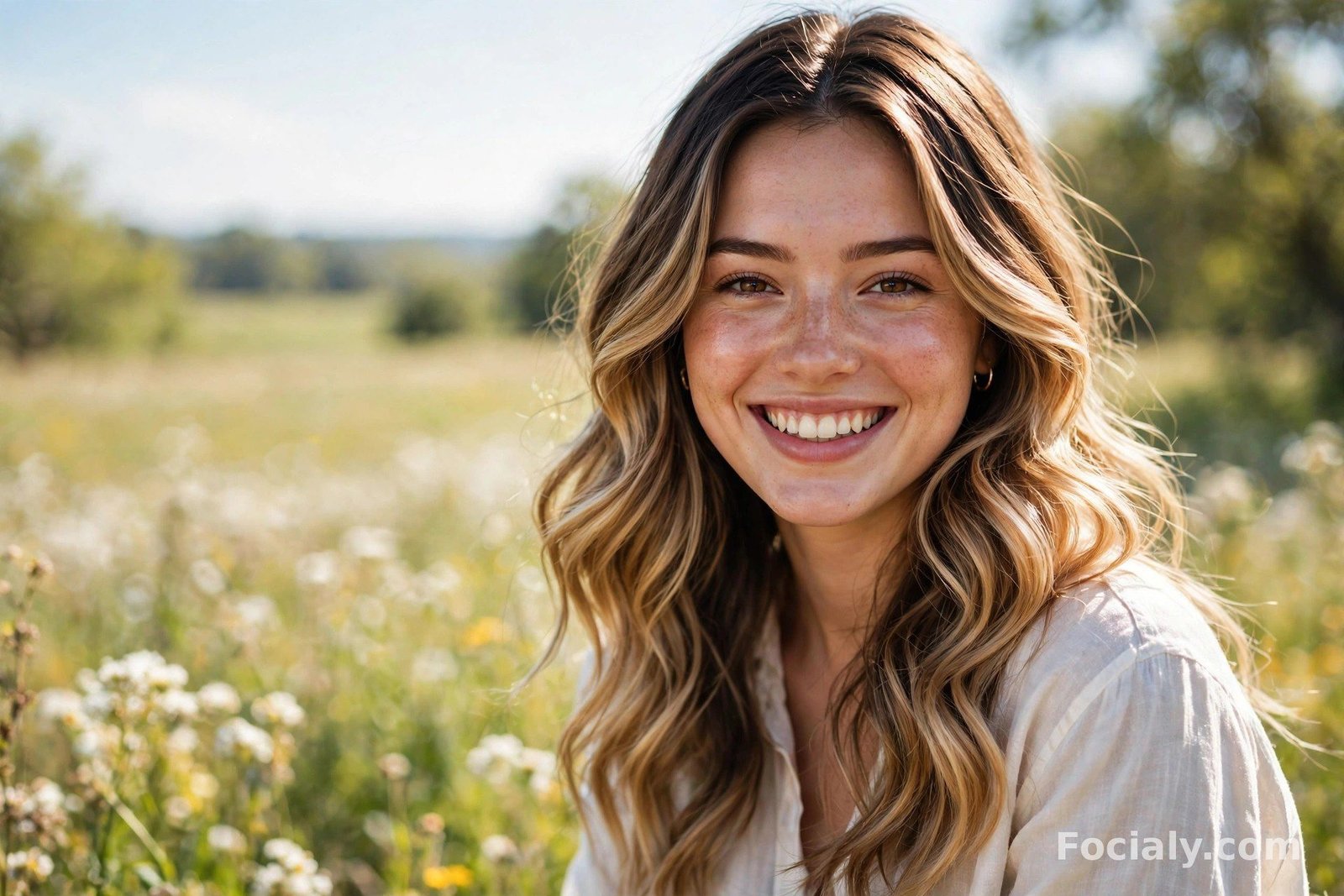 Soft cascading waves in honey balayage hair with golden ends