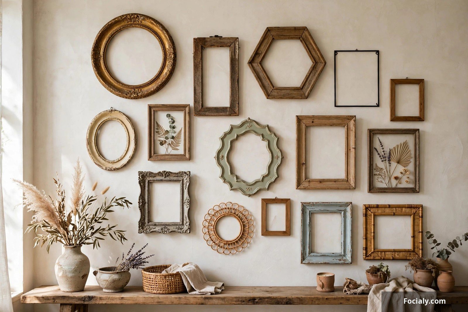Gallery wall of mismatched thrifted picture frames in different shapes and finishes arranged above a couch