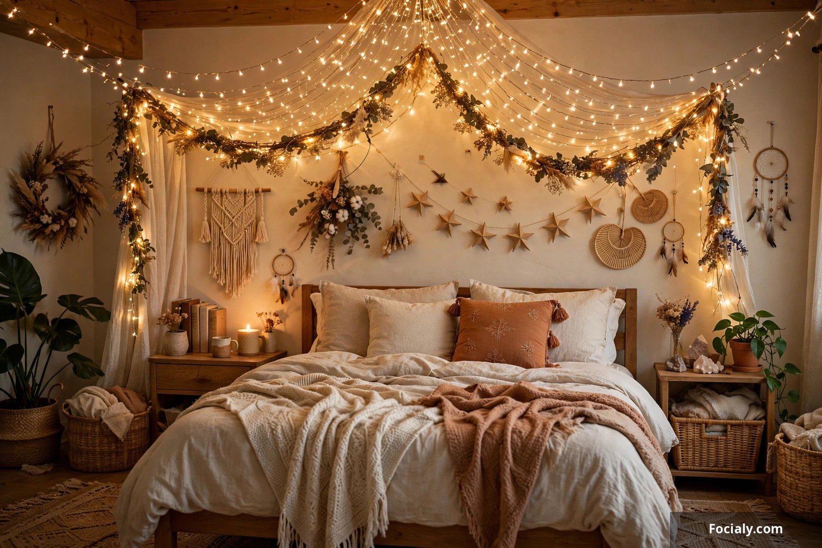 Cozy bedroom with warm fairy lights draped in a canopy over the bed from the ceiling