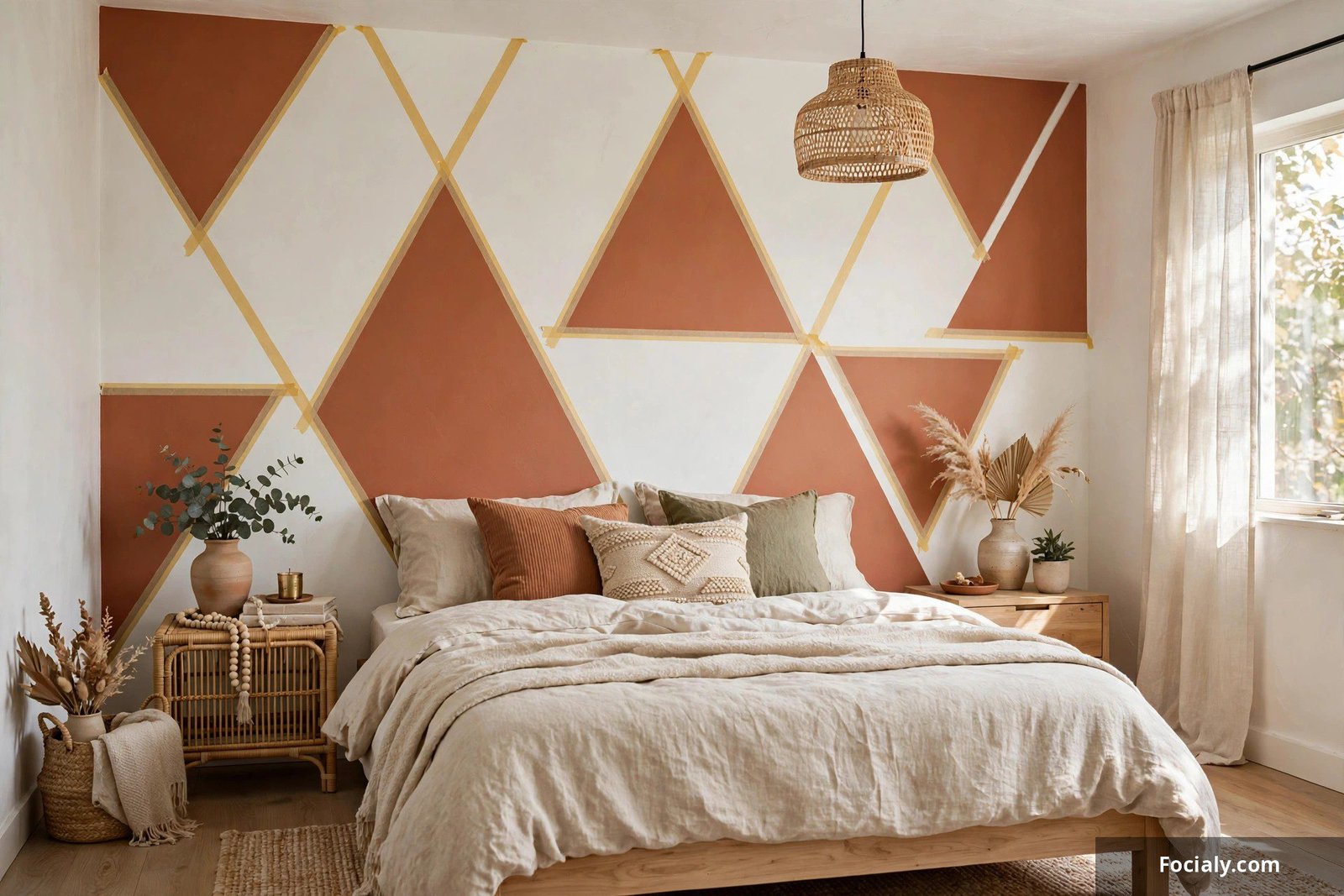 Bedroom accent wall with bold geometric triangle pattern in terracotta and cream created with painter's tape