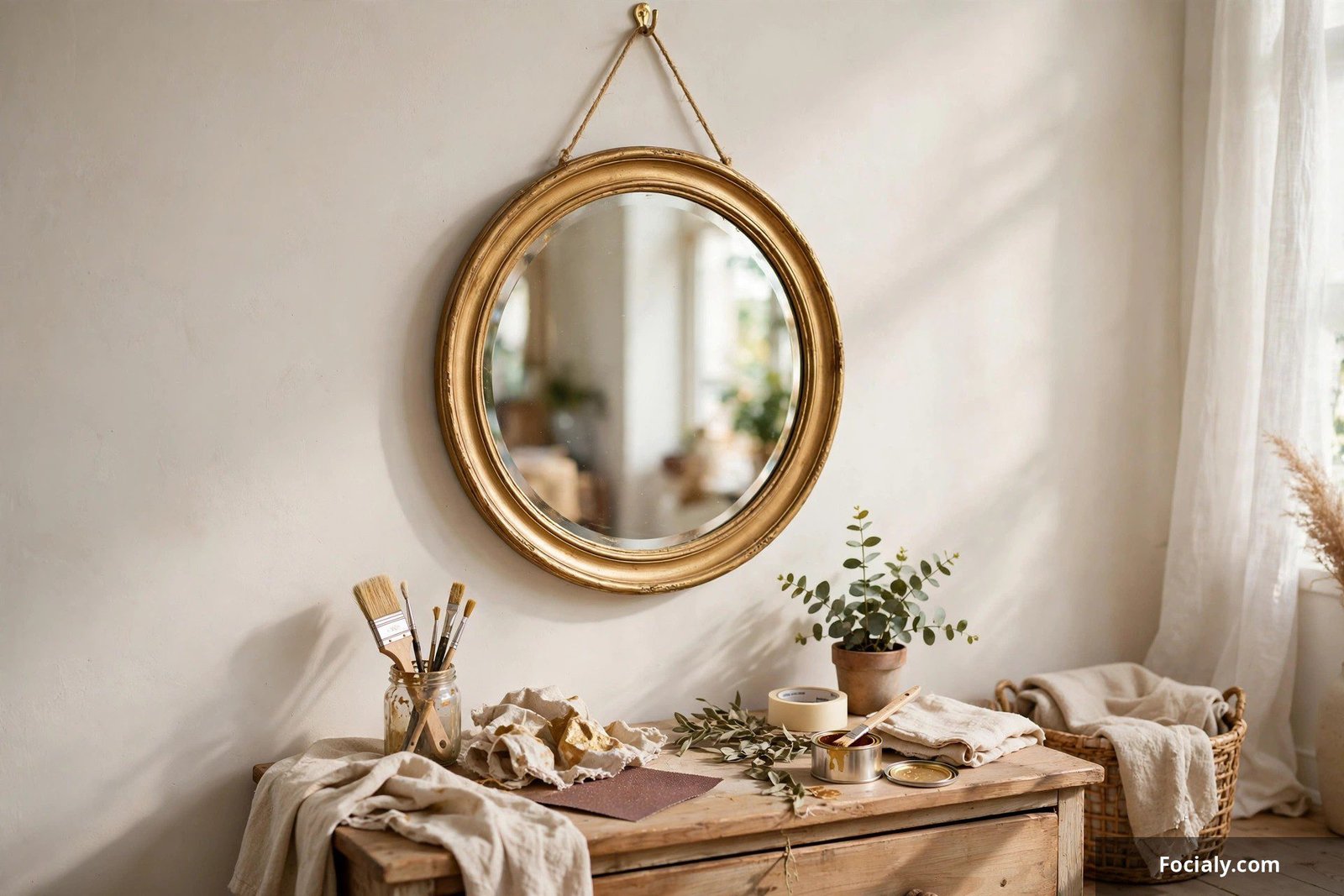 Round vintage mirror with a gold-painted frame hanging on a bedroom wall next to plants