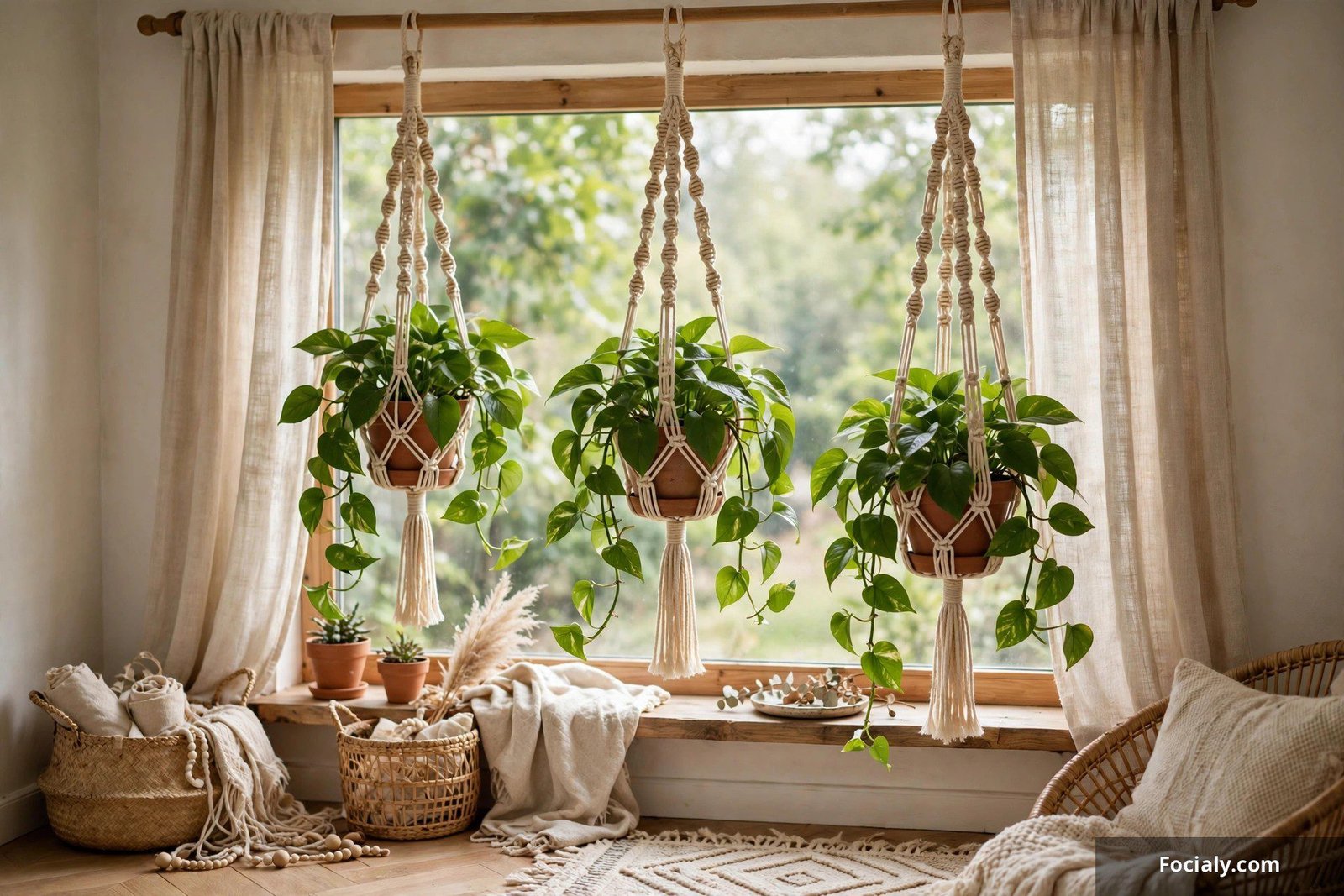 Handmade macrame plant hangers with trailing green pothos plants hanging in a bright window