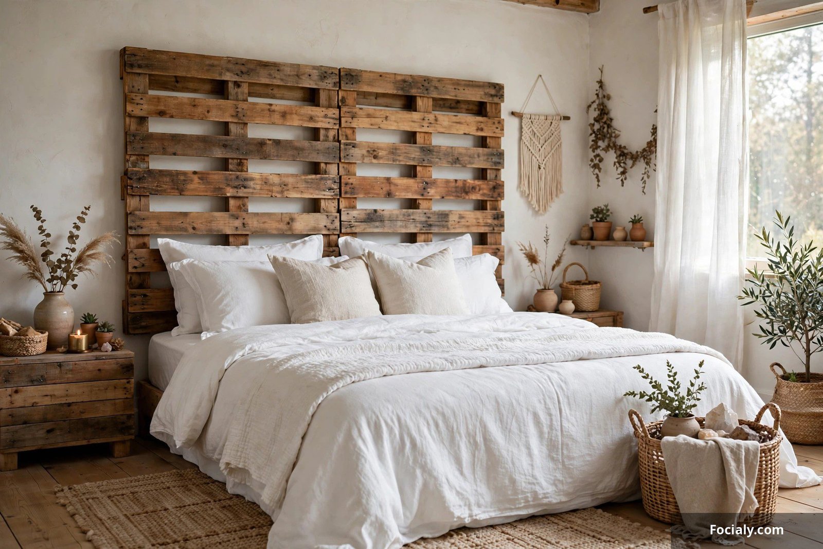 Rustic wooden pallet headboard mounted behind a bed with white bedding and throw pillows