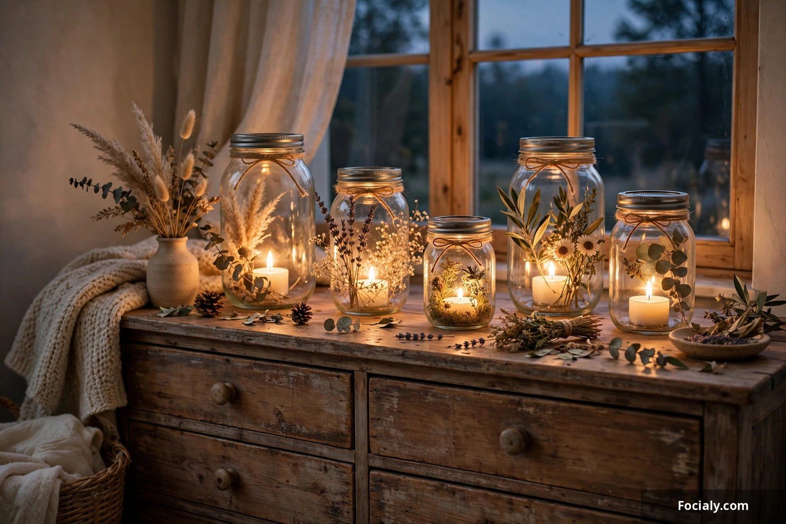 Glowing mason jar lanterns with tea lights on a wooden dresser at dusk