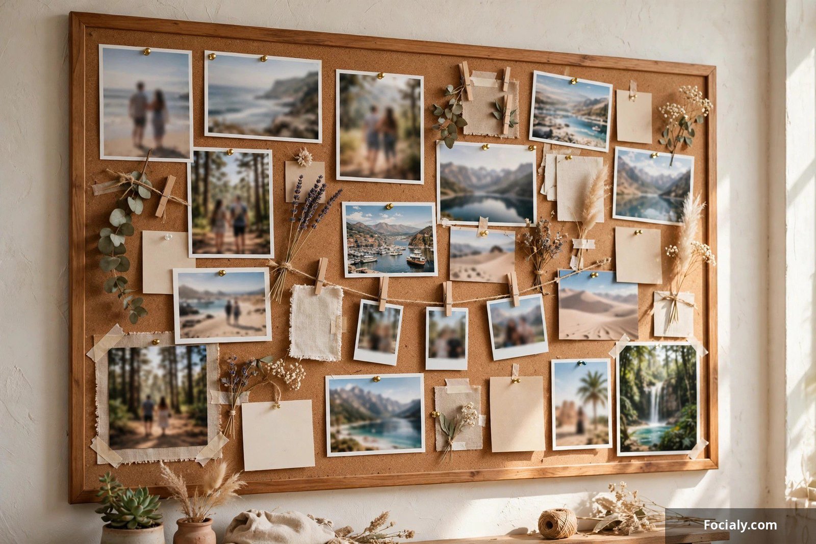 Corkboard vision board covered with pinned photos, travel postcards, and inspiring quotes above a desk