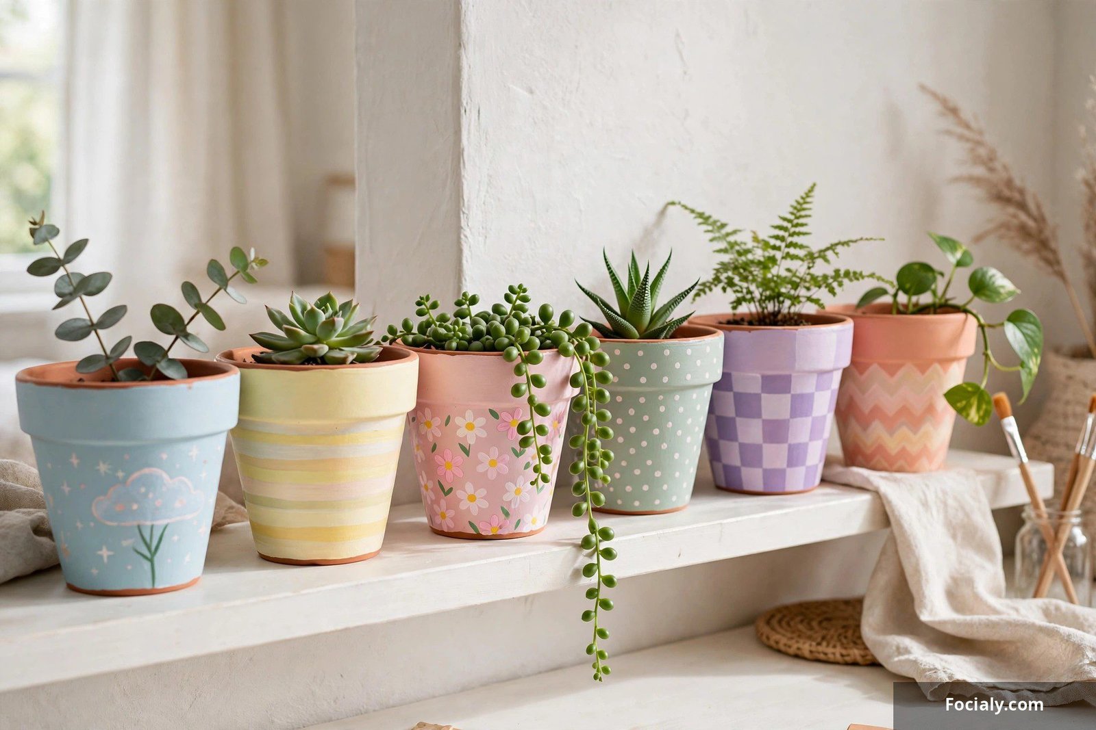 Colorful hand-painted terracotta plant pots in pastel patterns on a white shelf