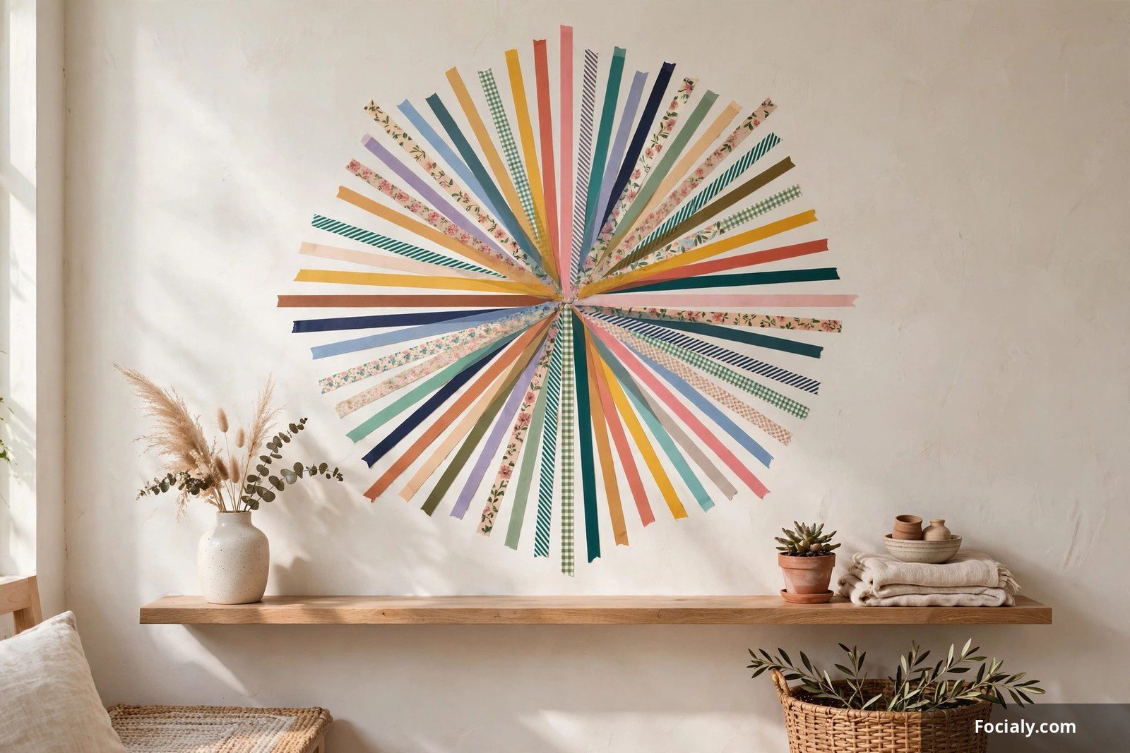 Geometric wall art made from colorful washi tape strips forming a sunburst pattern on a white wall