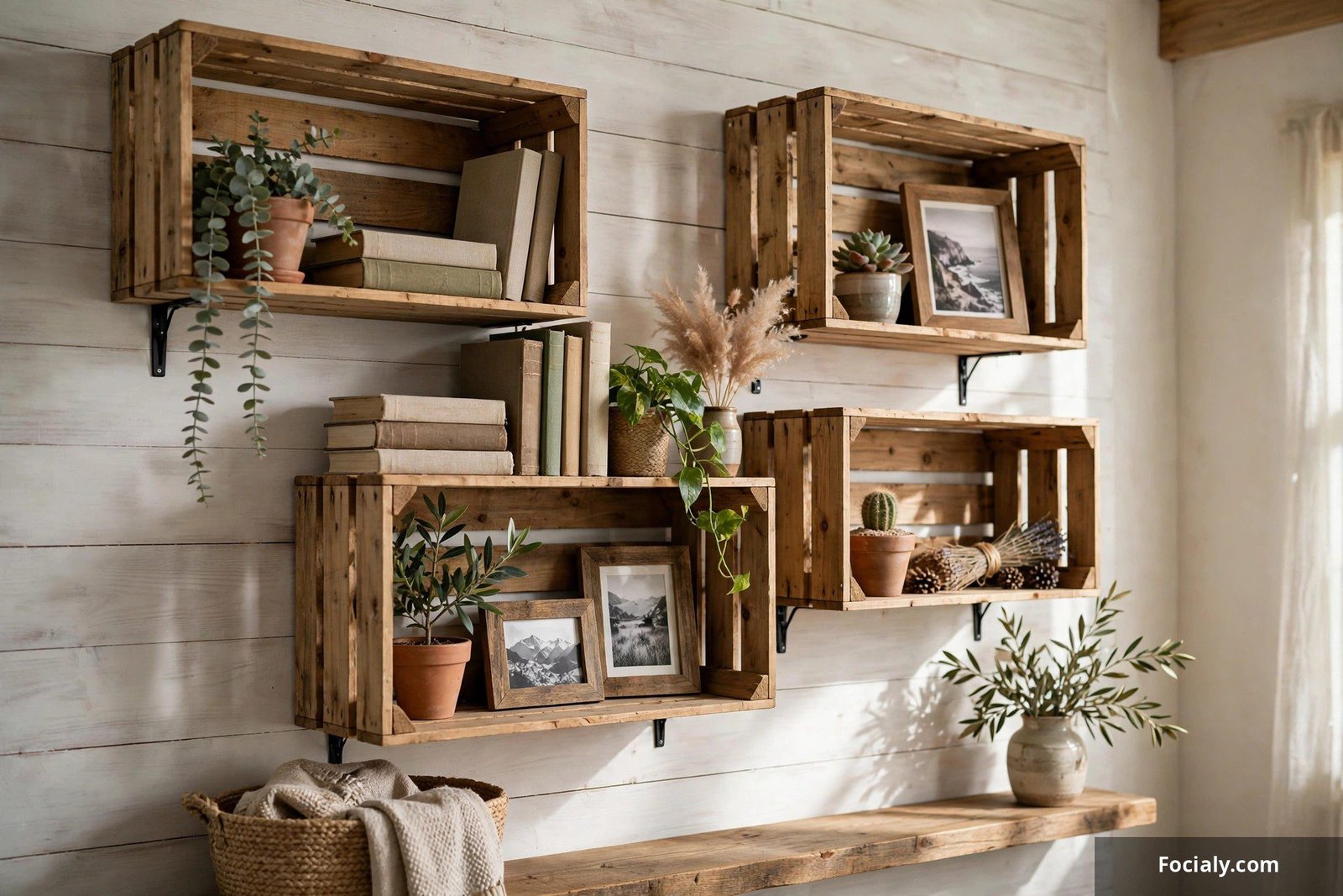 Wooden crate shelves mounted on a wall holding books, plants, and framed photos
