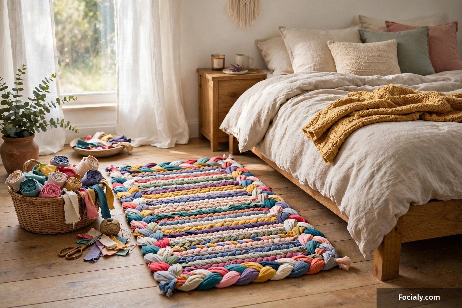 Colorful braided rag rug made from old t-shirt strips beside a bed