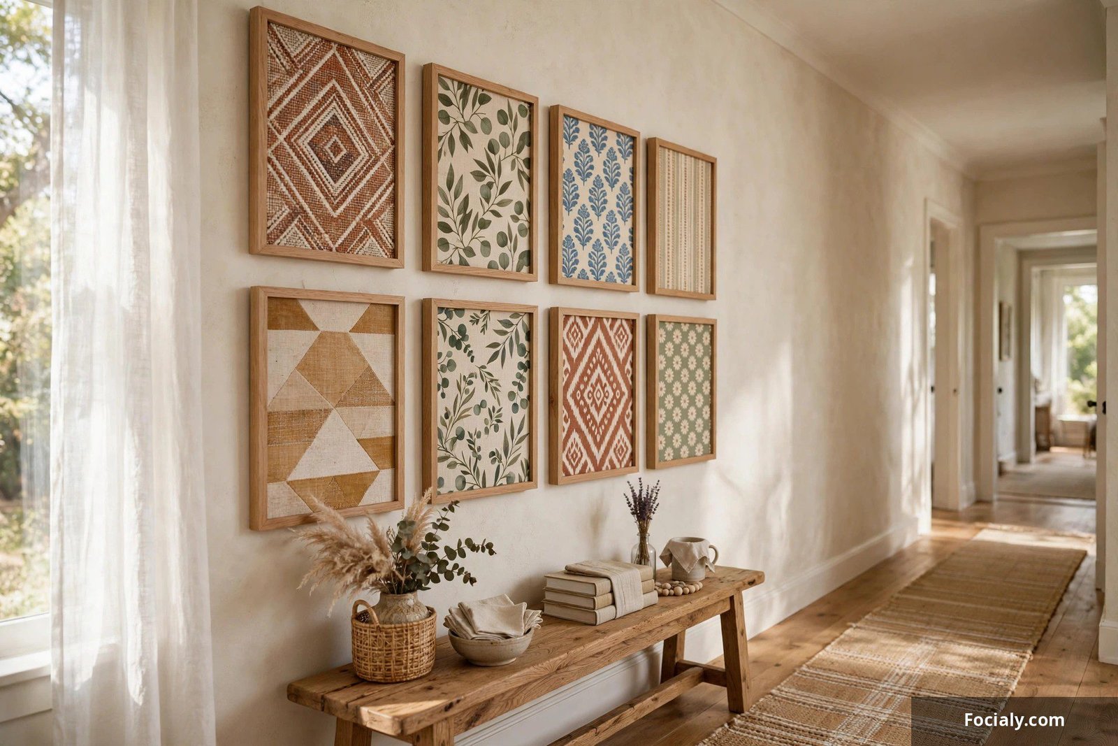 Framed pieces of patterned fabric art in matching frames on a hallway wall
