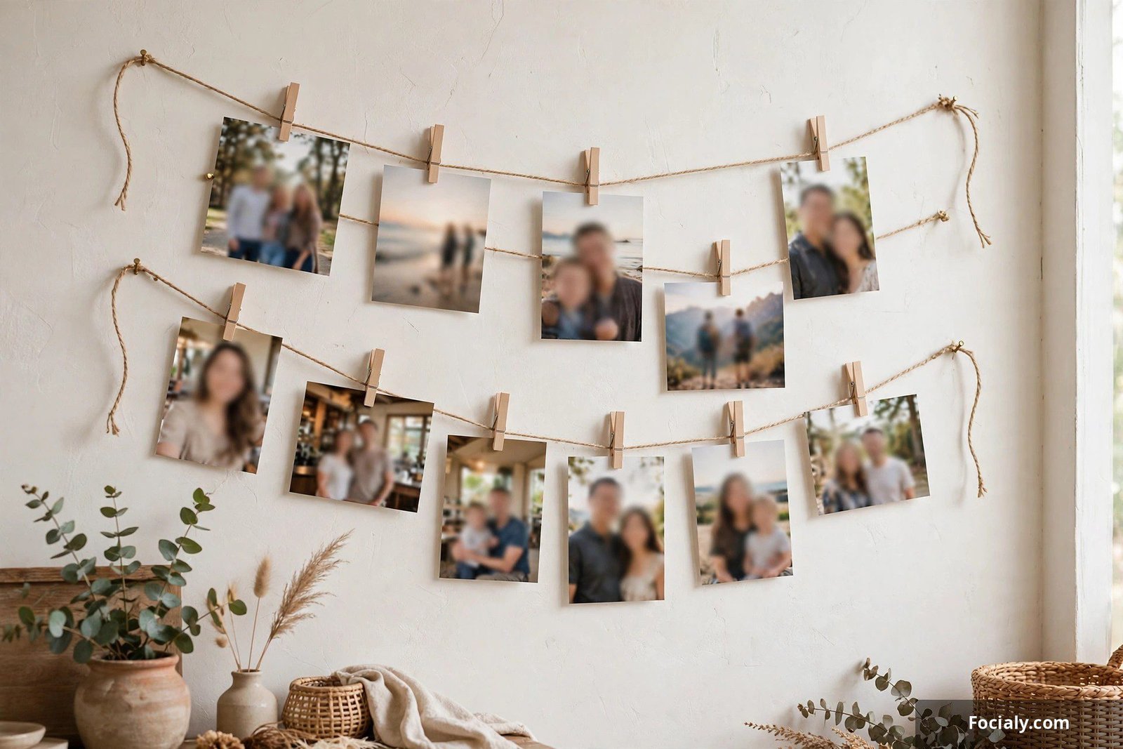 Twine strung across a wall with photos clipped on by wooden clothespins in a bedroom
