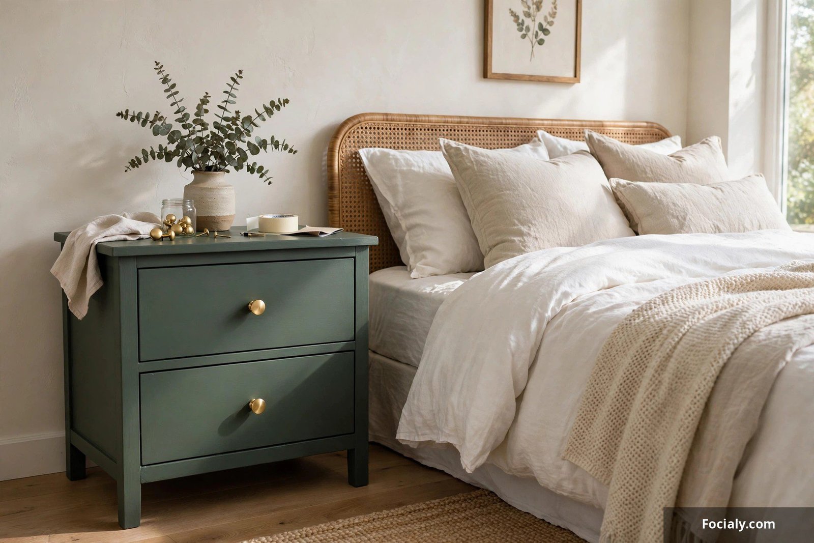 Nightstand painted in deep sage green with new gold drawer knobs next to a bed