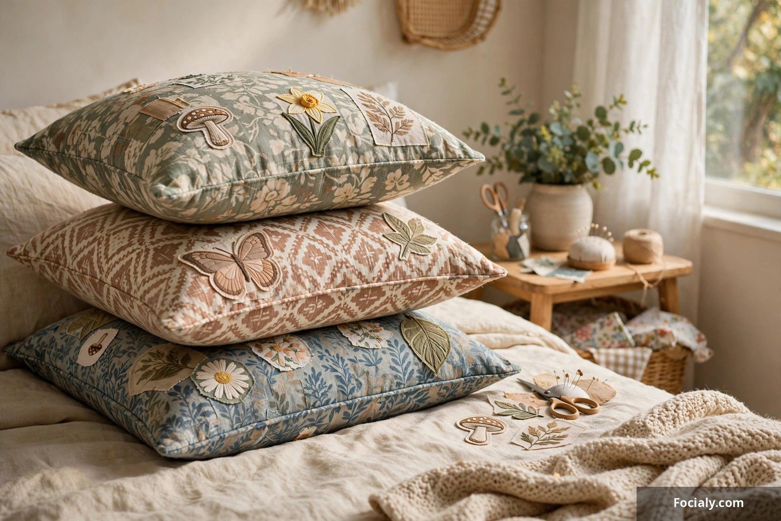 Stack of no-sew throw pillows made from patterned fabric with iron-on hem tape on a couch